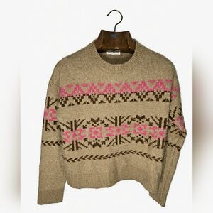 Lucky Brand Tan and Pink Chunky Cozy Crew Neck Sweater